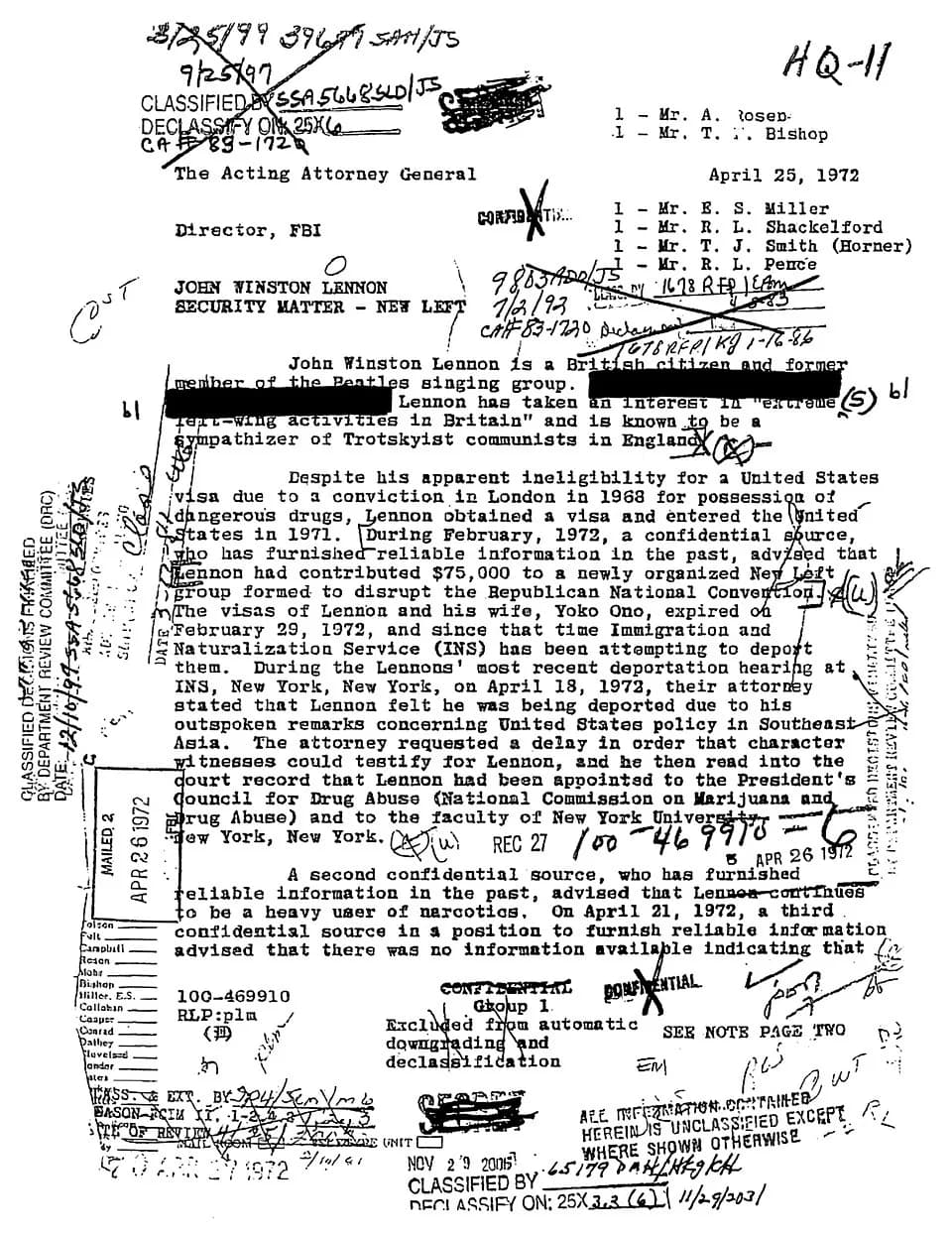 John Lennon - In the early 1970s, the US government conducted surveillance on ex-Beatle John Lennon. This is a letter from FBI director J. Edgar Hoover to the Attorney General. After a 25-year Freedom