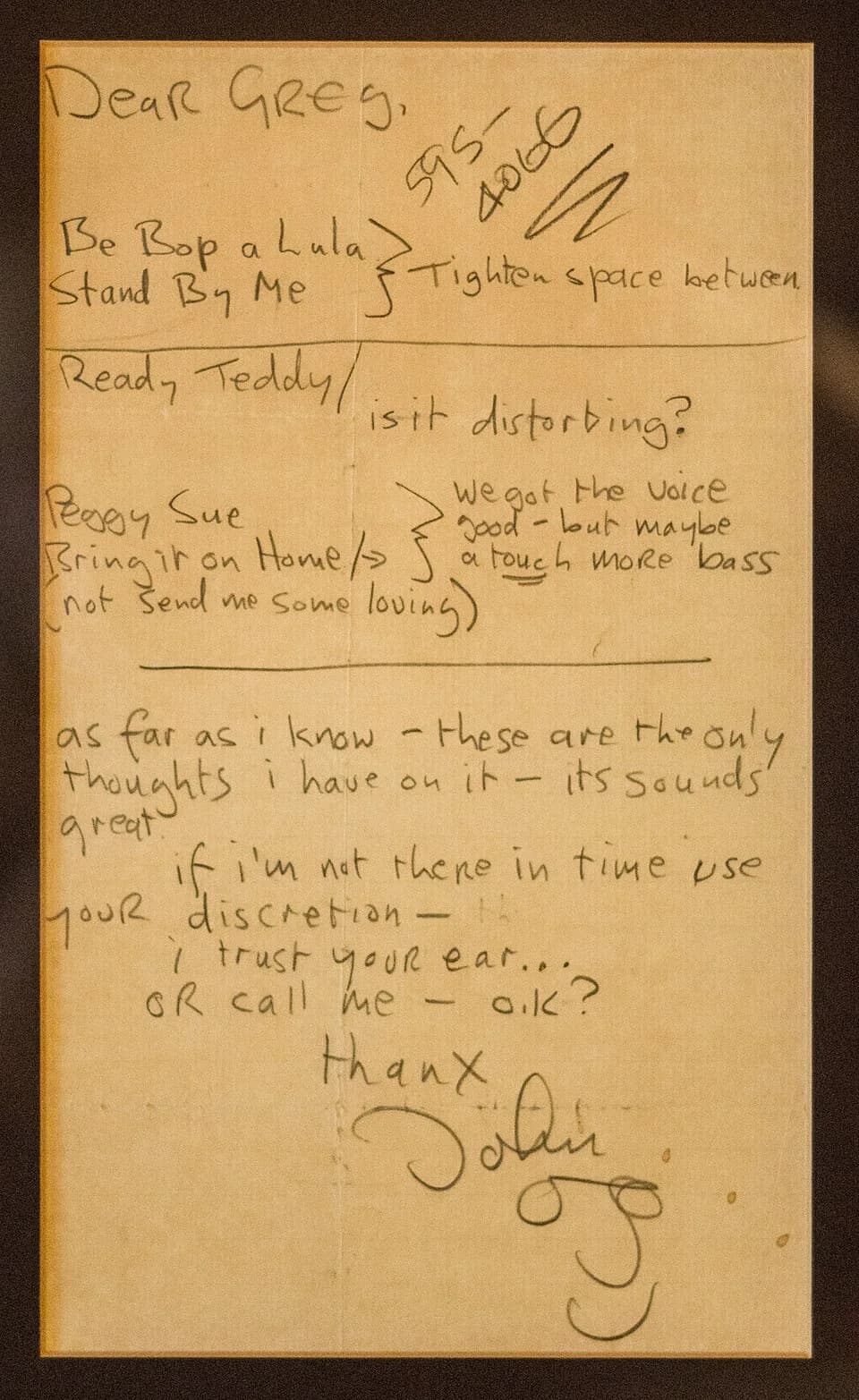 John Lennon - Note to Greg Calbi from John Lennon