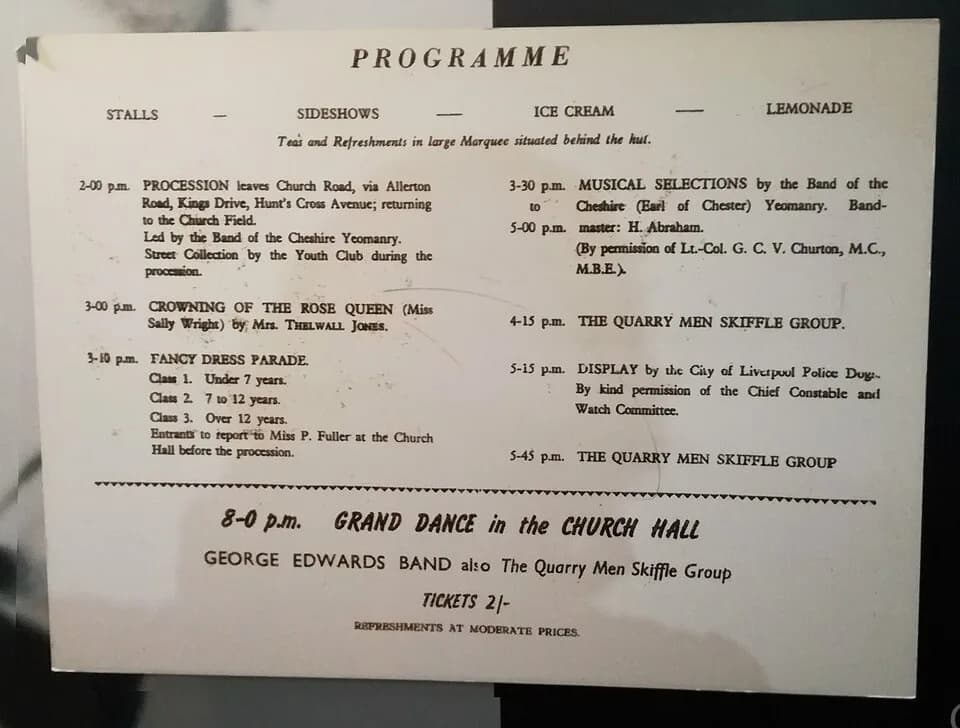 John Lennon - Program of St. Peters Church (Wolton) Fete on 6th July 1957, performing The Quarry Men.