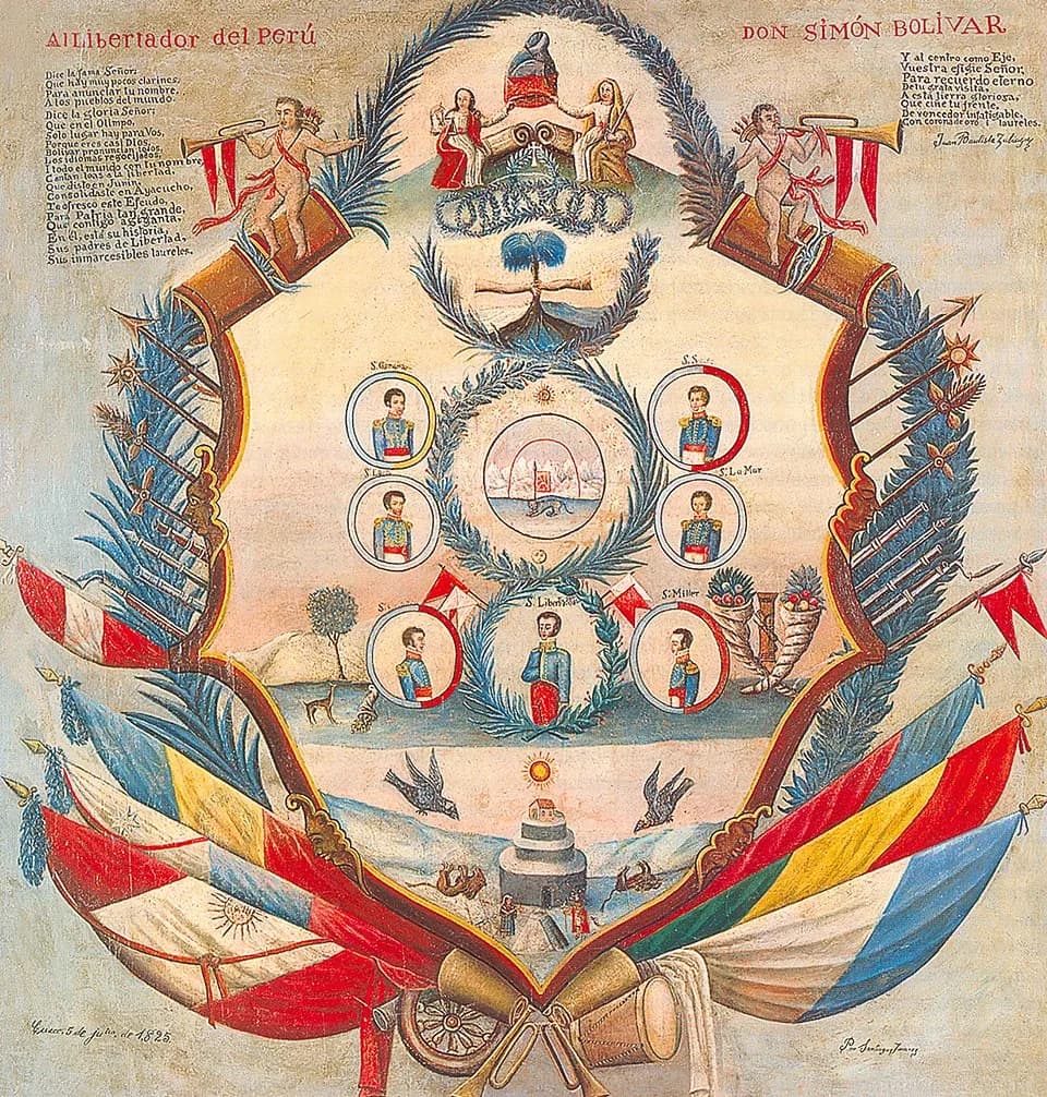 Simón Bolívar - Cuadro alegórico sobre presencia bolivariana en el Cuzco
Al Libertador del Perú, Don Simón Bolívar
Dice la Fama Señor:
Que hay muy pocos clarines,
Para anunciar tu nombre,
A los pueblo