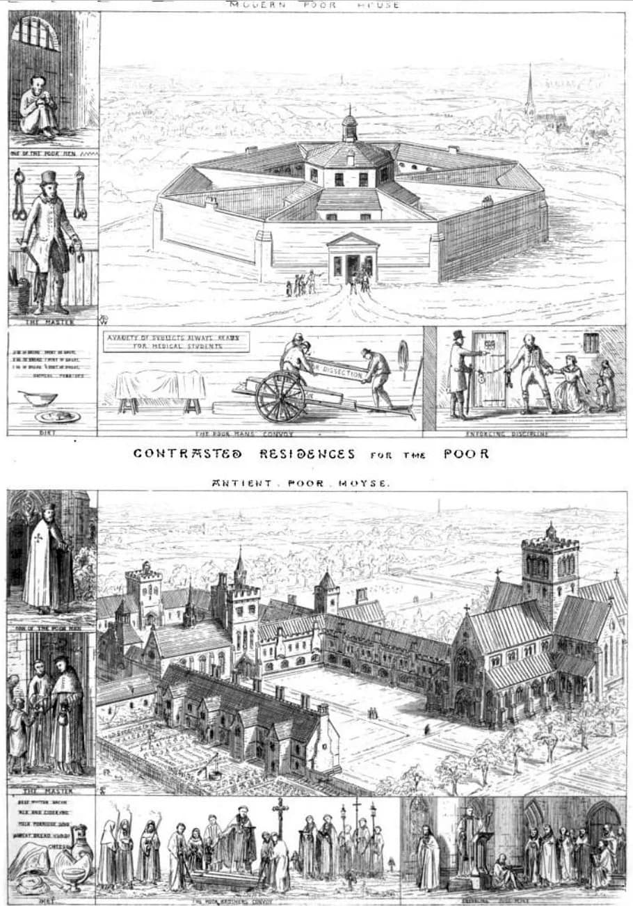 Michel Foucault - A comparison by Augustus Pugin of the new 1834 Workhouse plan, with his romanticised ideal of "ye olde workhouse"