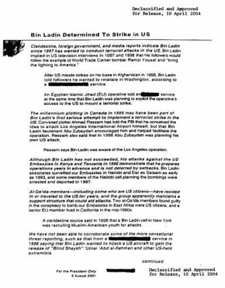 Osama bin Laden - Excerpts from a CIA memo dated August 2001 concerning a possible attack by Bin Laden on the United States of America.