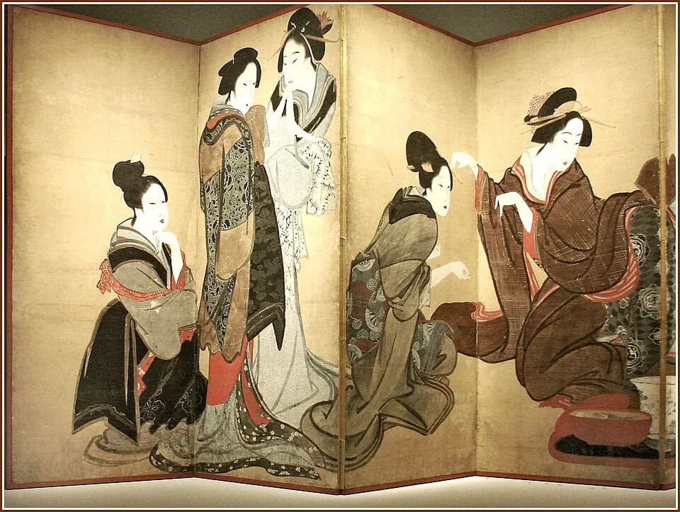 Katsushika Hokusai - Femmes jouant au jeu du renard, Attribué à Hokusai ou à son école, 
Vers 1800-1805, 
Paravent à 8 volets, encre et couleurs sur papier, Non signé, 
Don Henri Vever, 1922  
musée G