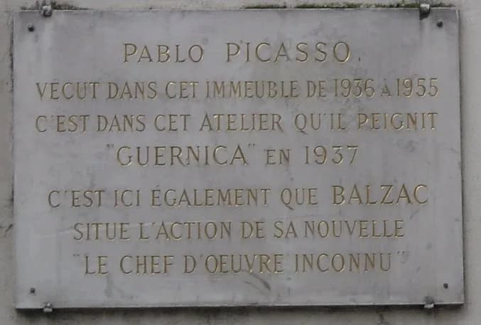 Honoré de Balzac - Legend plate at No. 7, rue des Grands-Augustins, 6th arrondissement in Paris, where Pablo Picasso (1881-1973) lived from 1936 to 1955 and where he painted Guernica in 1937. This may