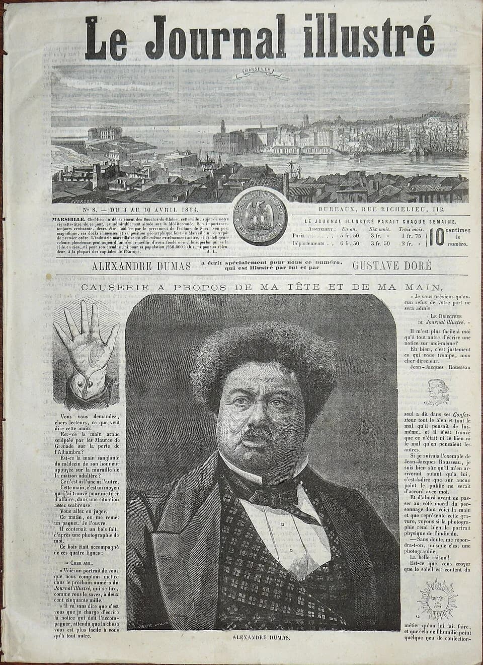 Alexandre Dumas - Le Journal illustré - hebdomadaire, N°8 du 3 avril 1864 - 27x37,5 cm, 8 pages. Article d'Alexandre Dumas. Gravures de Gustave Doré. Content: Article d'Alexandre Dumas décrivant sur 6