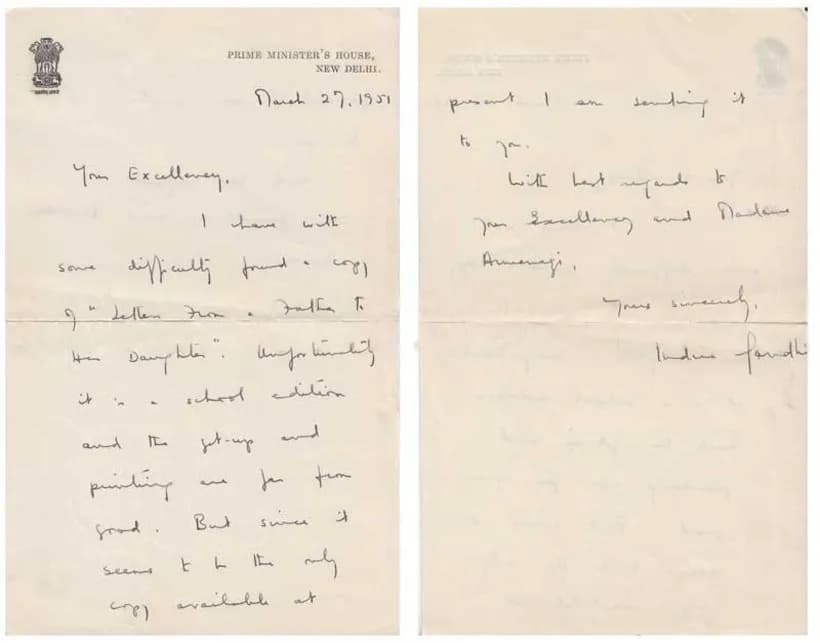 Indira Gandhi - A letter from Indira Gandhi to Syria's Ambassador to New Delhi Najib al-Armanazi in 1951. Gandhi is sending Ambassador Armanazi a copy of her father, Jawaharlal Nehru's book, "Letters 