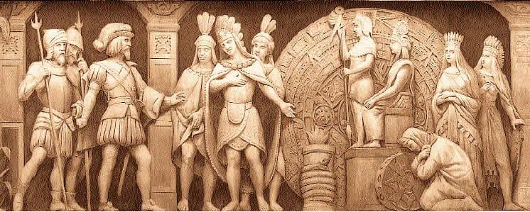 Hernán Cortés - "Cortez and Montezuma at Mexican Temple" - The Spaniard Hernando Cortes, conqueror of Mexico, enters the Aztec temple. He is welcomed by Emperor Montezuma II, who thought Cortez was a