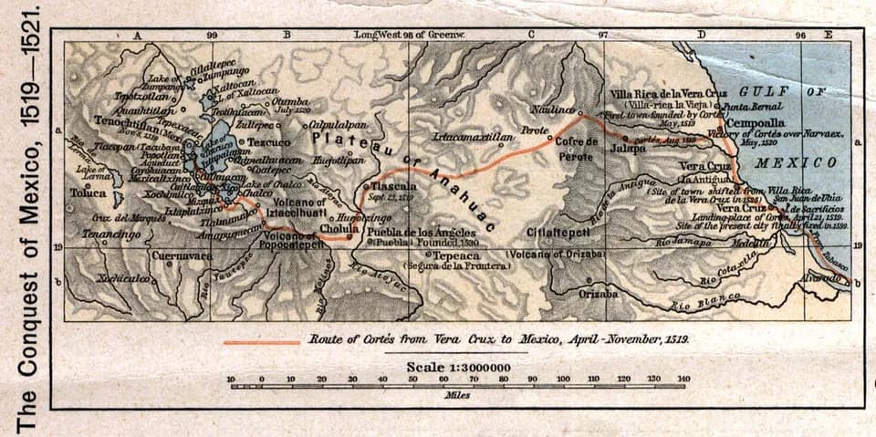 Hernán Cortés - The 1519 to 1521 route of the Spanish conquest of the Aztec Empire — taken in Central Mexico by Hernando Cortés.