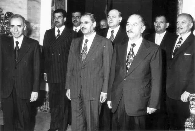 Saddam Hussein - Members of the National Command of the Arab Socialist Ba'th Party (Iraqi wing): Party founder and General Secretary Michel Aflaq (left), Iraqi Vice president Saddam Hussein (second li