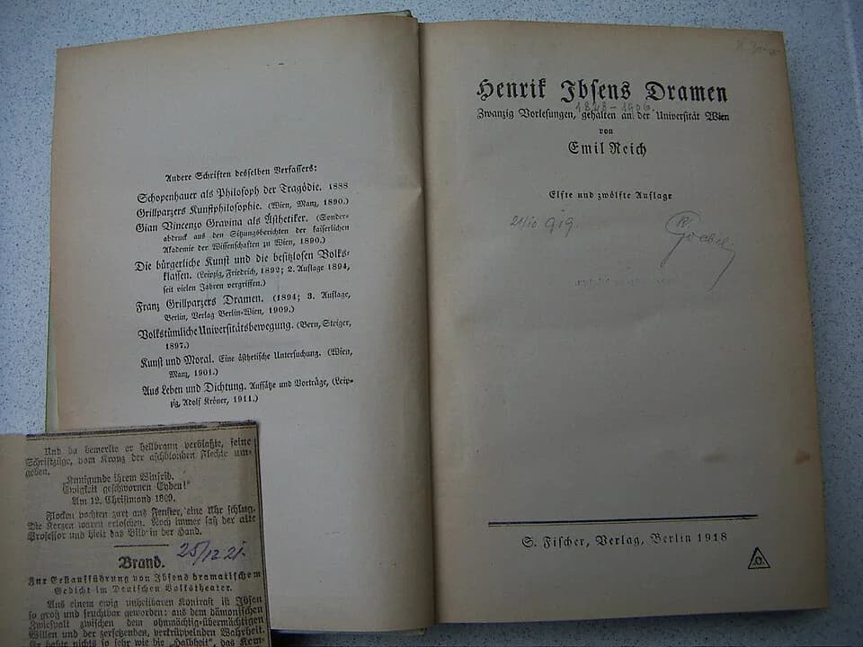 Henrik Ibsen - Emil Reich, Henrik Ibsens Dramen, Zwanzig Vorlesungen, gehalten an der Universität Wien, Elfte und zwölfte Auflage, S.Fischer-Verlag, Berlin 1918