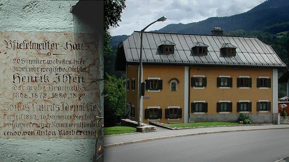 Henrik Ibsen - Pfieselmeister-Haus in der Bahnhofstraße 1 in Berchtesgaden mit Gedenktafel: "20 Sommer wohnten hier zwei norwegische Dichter -
Henrik Ibsen, der große Dramatiker 1868, 1872, 1880, 1882