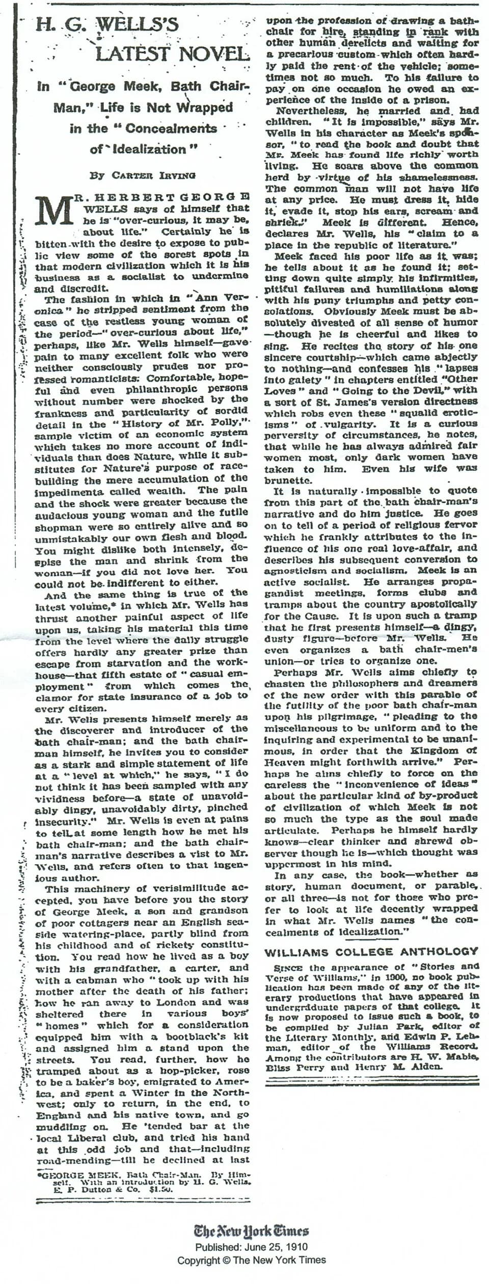 H. G. Wells - Review of the book "George Meek Bath Chair-man by Himself" in the New York Times, 25 June 1910.