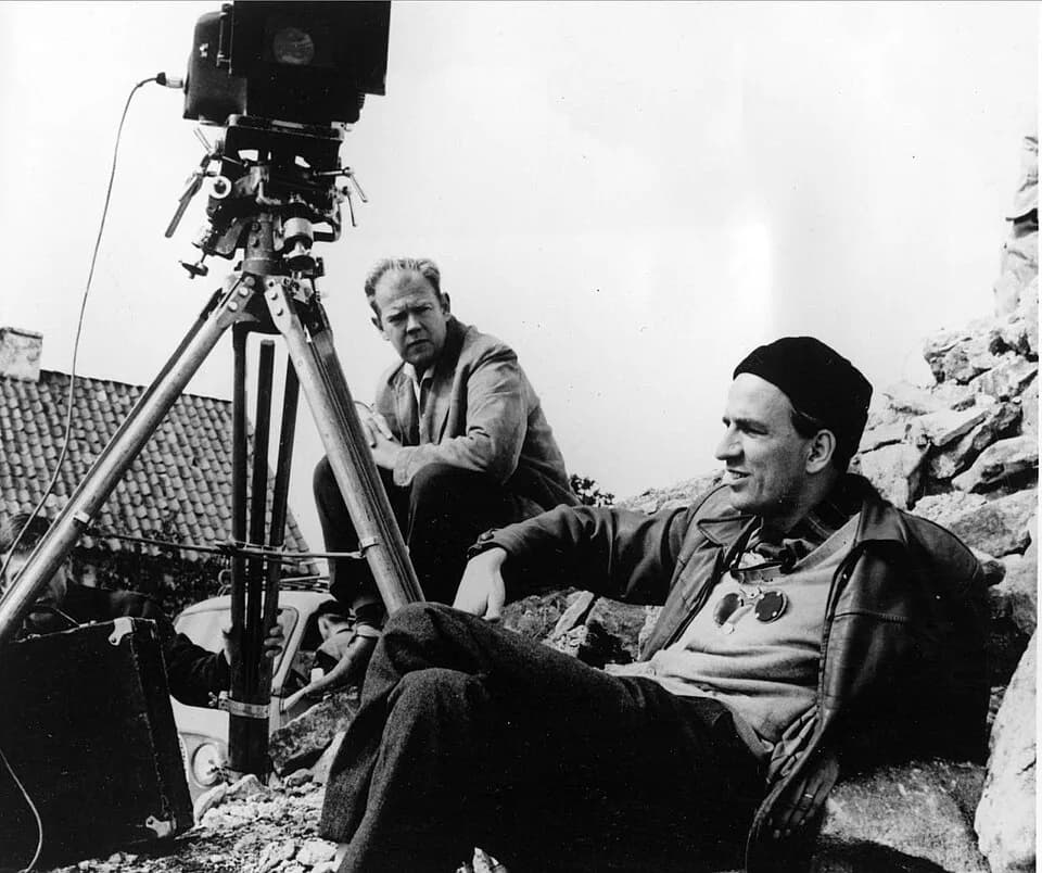 Ingmar Bergman - Ingmar Bergman (1918–2007), Swedish stage and film director, and Sven Nykvist (1922–2006), cinematographer. Photo: During the principal cinematography of Through a Glass Darkly (Såsom