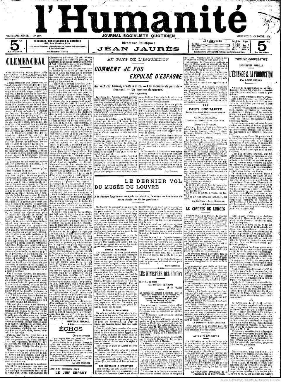 Anatole France - First page of L'Humanité, 31/10/1906, with an article on Clemenceau written by Anatole France (this article was originally published in the Neue Freie Presse in Vienna according to Mi