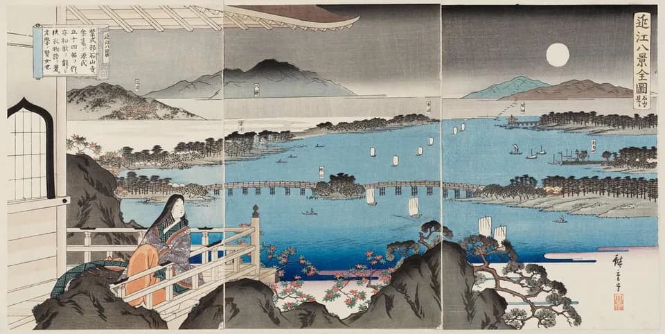 Murasaki Shikibu - Novelist and poet Murasaki Shikibu at Ishiyama Temple. These are the 3 panels of the nishiki-e: "Eight Views of Omi Province as Seen from Ishiyama" (Ômi hakkei zenzu, Ishiyama yori