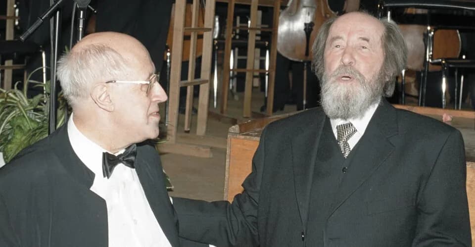 Aleksandr Solzhenitsyn - “Alexander Solzhenitsyn and Mstislav Rostropovich”. Writer Alexander Solzhenitsyn (right), winner of the Nobel Prize, and cellist Mstislav Rostropovich (left) at the celebrati