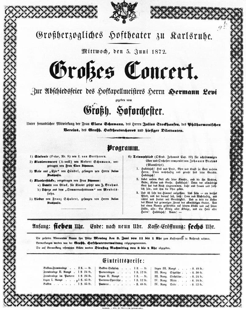 Johannes Brahms - Concert programm on the occasion of the premiere of Triumphlied op. 55 by Johannes Brahms, 05-06-1872, Großherzogliches Hoftheater Karlsruhe, at the same time farewell concert of Her