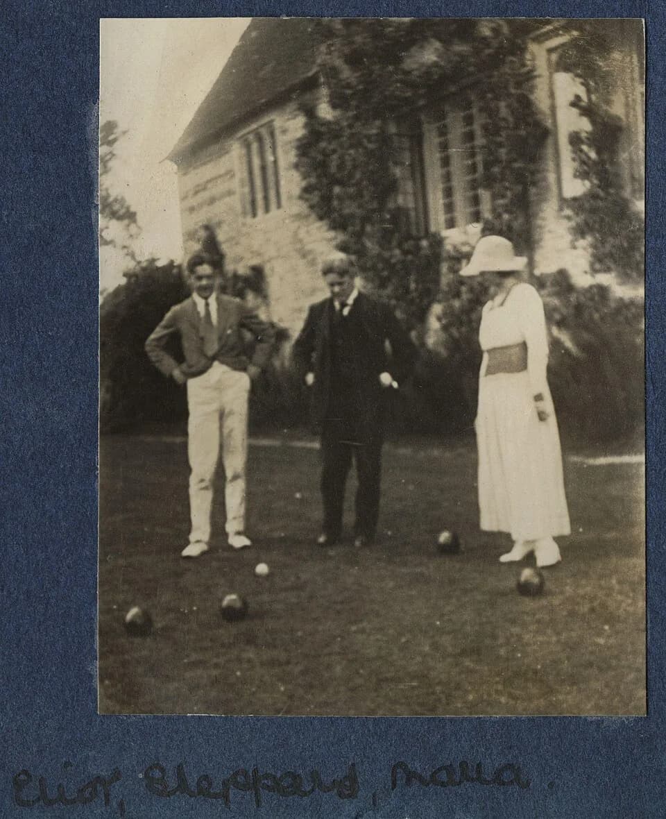 T. S. Eliot - Thomas Stearns ('T.S.') Eliot; Sir John Tresidder Sheppard; Maria Huxley (née Nys), by Lady Ottoline Morrell (died 1938). See source website for additional information.