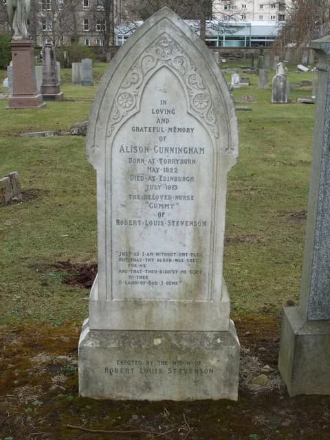 Robert Louis Stevenson - The Grave of Alison Cunningham This grave in Morningside cemetery is of 'Cummy' (Cummie), the much loved Nanny to Robert Louis Stevenson. She took up the post when he was 18 m