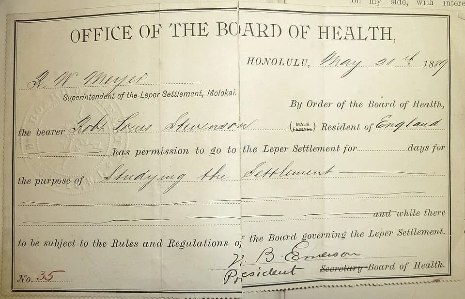 Robert Louis Stevenson - Permit from the Board of Health at Honolulu issued to Robert Louis Stevenson to visit the leper settlement at Molokai, dated May 20, 1889.
Penn Libraries call number: EC85 St4