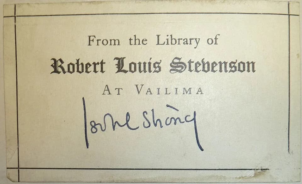Robert Louis Stevenson - Bookplate in a copy of Father Damien (Sydney, 1890)
1st ed. printed in an edition of 25 copies for private distribution to the author's friends.
With the autograph of Isobel S