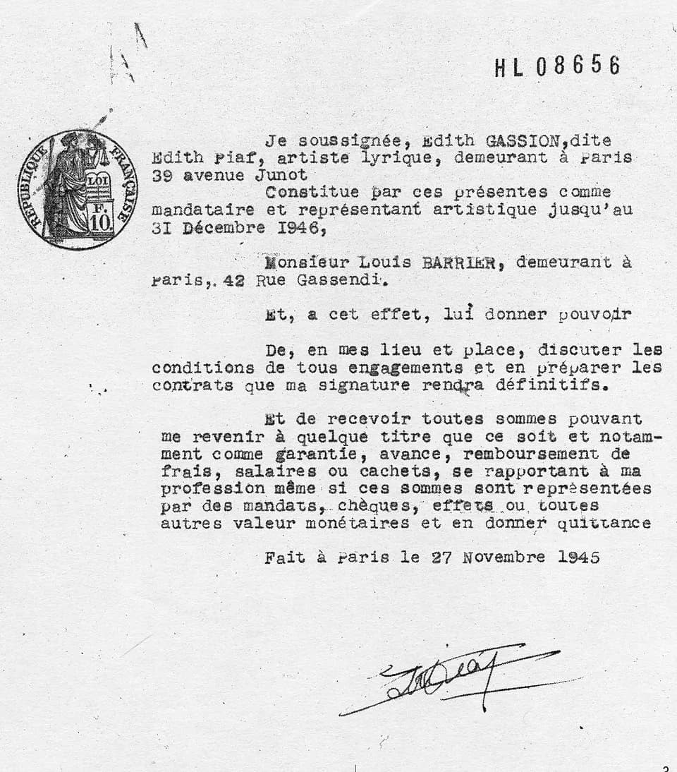 Édith Piaf - contract between French singer Edith Piaf and impresario Louis Barrier