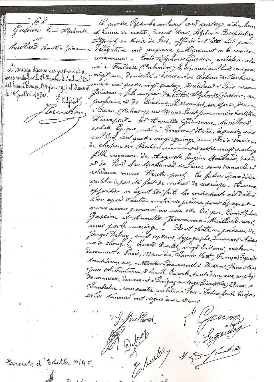 Édith Piaf - Extrait de l'acte de mariage des parents d'Édith Piaf.
