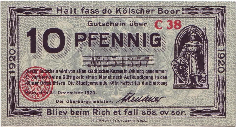 Konrad Adenauer - 10 Pfennig, 1920, Köln, signed by the major of cologne Konrad Adenauer, front, size:47mm x 88mm
Inschrift:
Halt fass do Kölscher Boor. Bliev beim Rich et fall sös ov sor.
(hochdeut