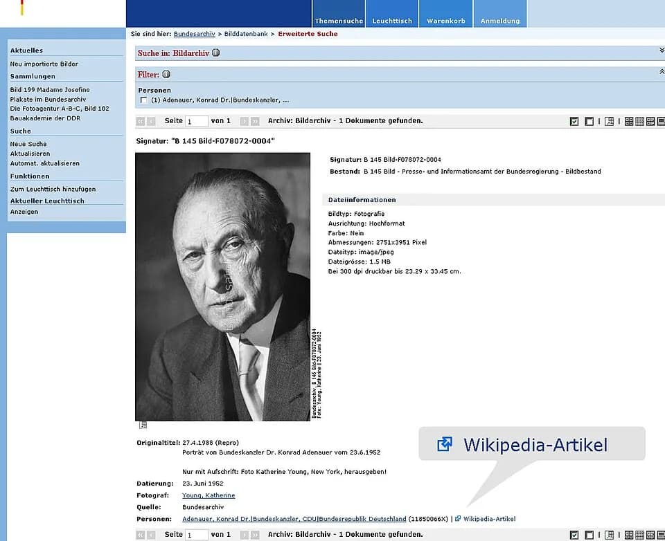Konrad Adenauer - Screenshot of the website of the "Bundesarchiv" (Archive of the Federal Republic of Germany). Search result for an image of "Konrad Adenauer" with a link to his Wikipedia article.