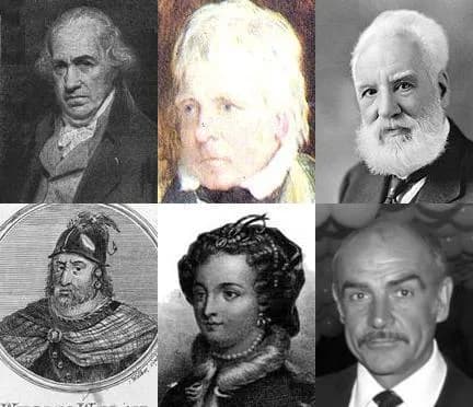 Sean Connery - Collage of images representing the en:Scottish people. Up (from left to right): en:James Watt, en:Walter Scott, en:Alexander Graham Bell. Down: en:William Wallace, en:Mary, Queen of Sco