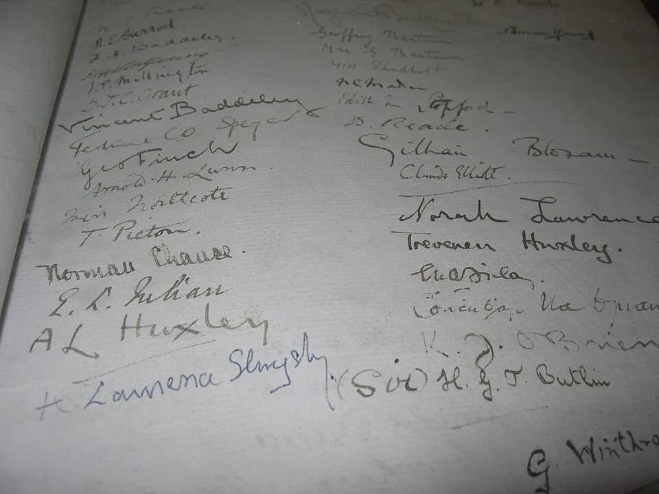 Aldous Huxley - Visitors book at the Gorphwysfa Hostel, Pen-y-pass, Wales, dated 1901-1967. Aldous Huxley's signature on this page, among other famous visitors in the book.