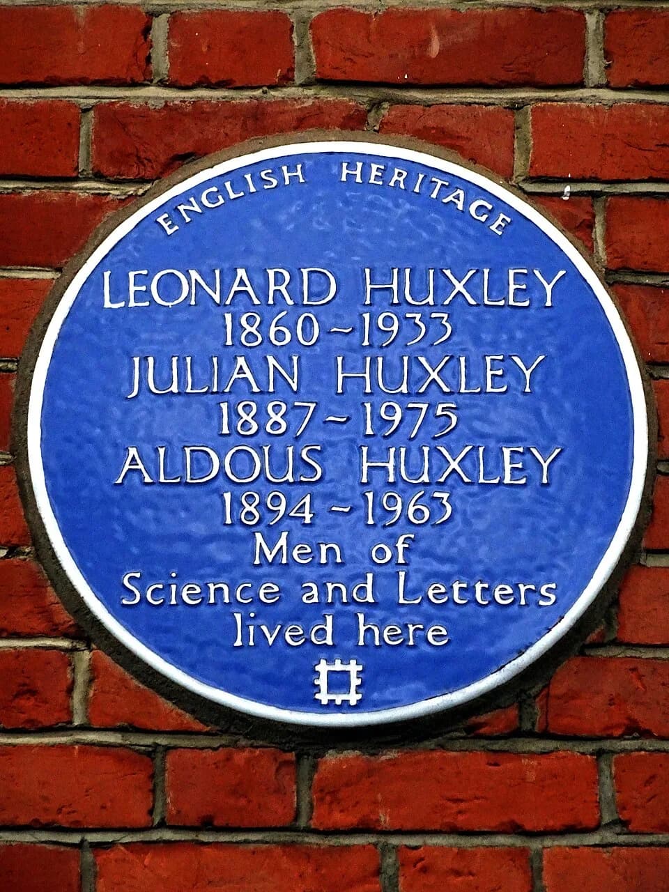 Aldous Huxley - Blue plaque erected in 1995 by English Heritage at 16 Bracknell Gardens, Hampstead, London NW3 7EB, London Borough of Camden