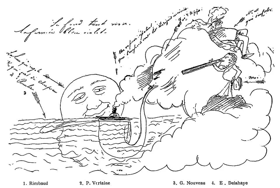 Arthur Rimbaud - Arthur Rimbaud, Paul Verlaine, Germain Nouveau et Ernest Delahaye. Croquis d'Ernest Delahaye (1853-1930) d'après un dessin de Germain Nouveau (1851-1920).