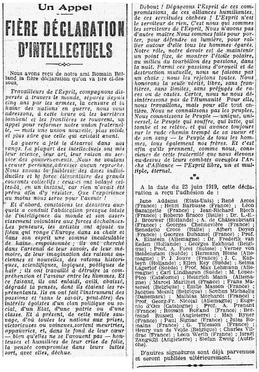 Romain Rolland - Déclaration cosignée par plusieurs intellectuels et publiée le 26 juin 1919 dans le quotidien l'Humanité.