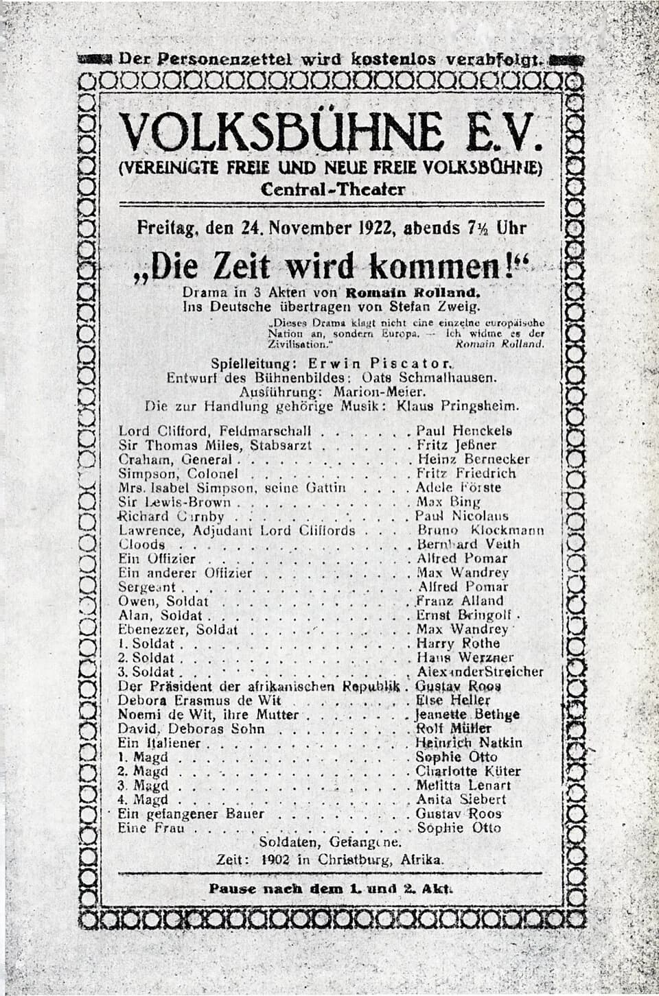 Romain Rolland - Theatre programme sheet (Programmzettel) to Erwin Piscator's production of Romain Rolland "Die Zeit wird kommen", Central-Theater, Berlin, 17 November 1922