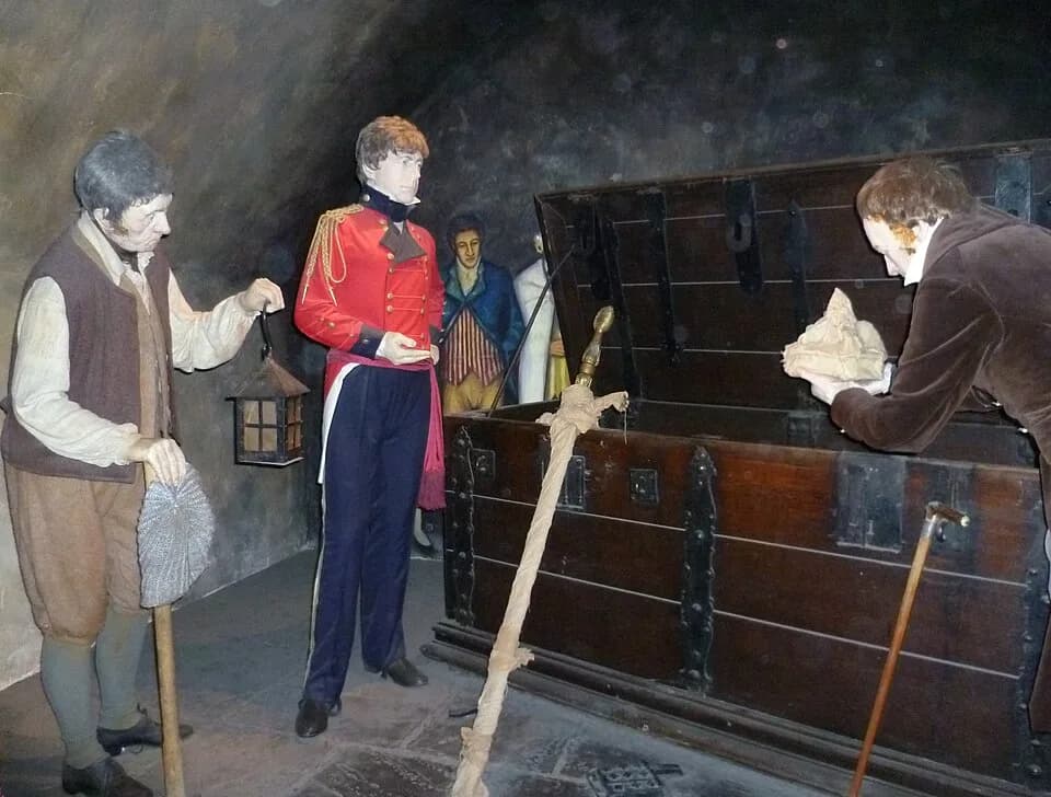 Walter Scott - Sir Walter Scott and the Governor of Edinburgh Castle rediscover Scotland's 'lost' Crown, Sceptre and Sword of State in 1818. A tableau in the Castle.
"The extreme solemnity of opening 