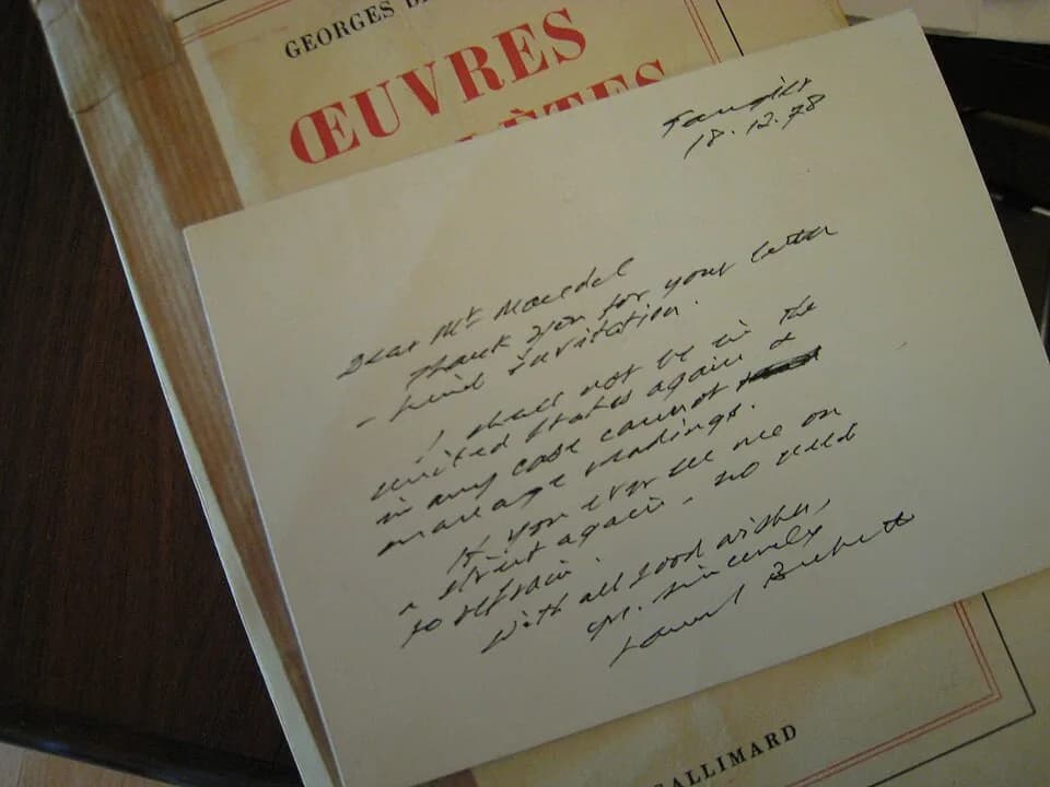 Samuel Beckett - Samuel Beckett's postcard declining my invitation to read at the Poetry Center of San Francisco State University (where I was then Director). I'd often seen him in the street when I l