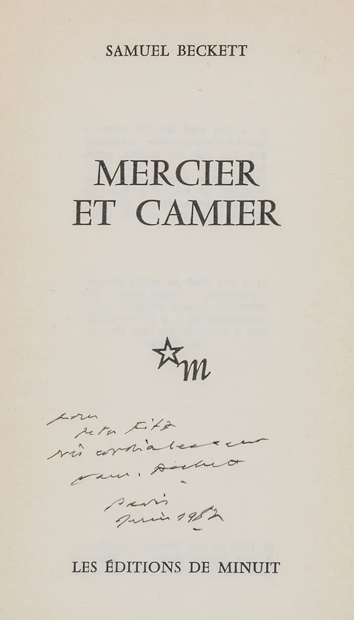 Samuel Beckett - Samuel Beckett - Mercier et Camier. Paris, Les éditions de minuit, 1970. Mit Widmung von Beckett: pour Peter Fitz très cordialement, Sam. Beckett Paris Juin 1982