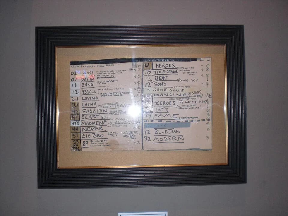 David Bowie - Set list at Hard rock cafe Manchester, ukApparently from David Bowie's Glass Spider Tour, with notes on lighting/stage/tech possibly from the stage manager