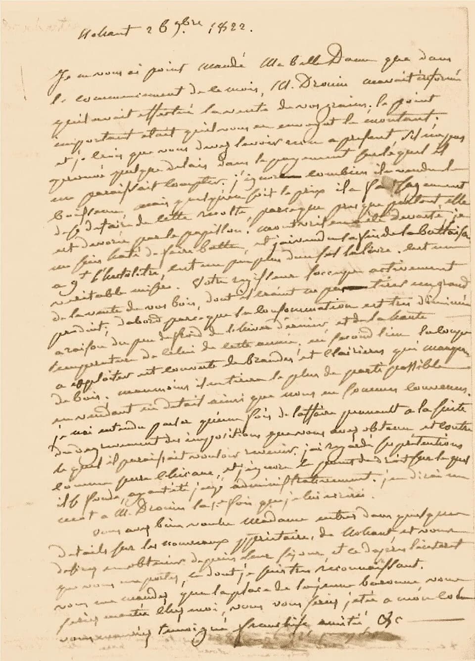 George Sand - Lettre de quatre pages en date du 26 septembre 1822 à Nohant, de Jean-Louis François Deschartres, homme de confiance de Marie-Aurore de Saxe à une « belle Dame », à propos du mariage de 