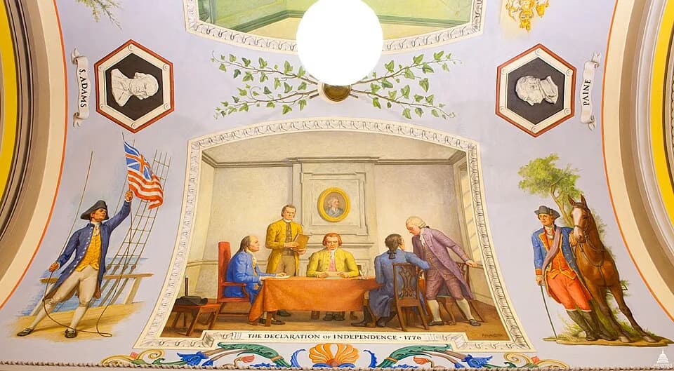 Thomas Paine - Allyn Cox
Oil on Canvas
1973-1974
Great Experiment Hall
Cox Corridors
In June 1776 five delegates to the Second Continental Congress drafted the Declaration of Independence. The mural d