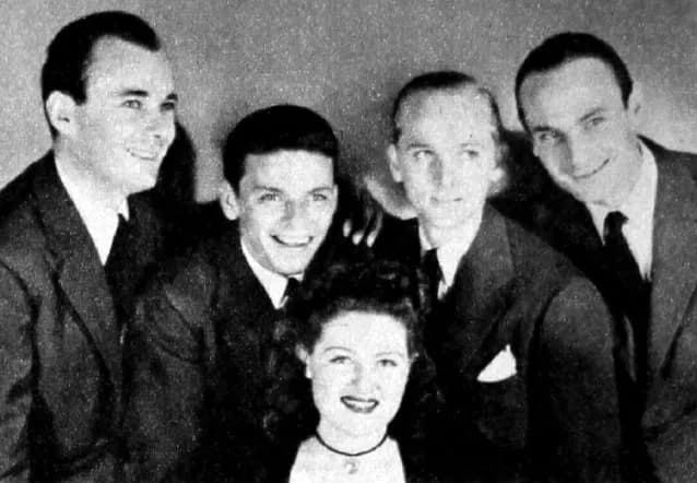 Frank Sinatra - Photo of Frank Sinatra with the vocal group, The Pied Pipers taken in 1939.  Sinatra and the Pied Pipers were both part of Tommy Dorsey's orchestra at the time.  The Pied Pipers origin