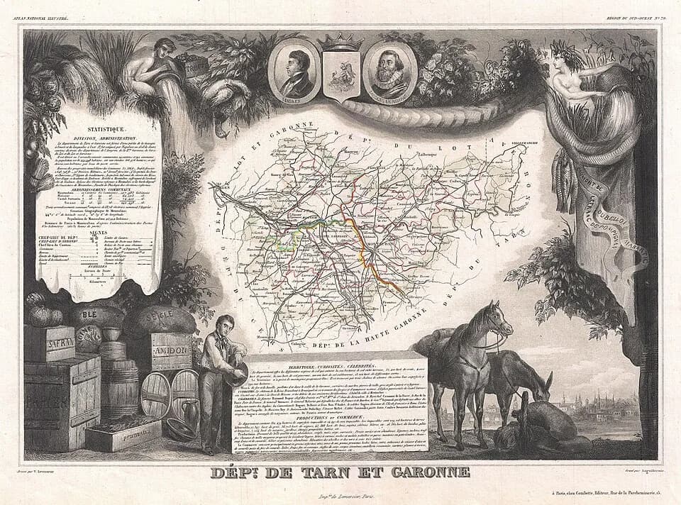 Jean-Auguste-Dominique Ingres - This is a fascinating 1852 map of the French department of Tarn et Garonne, France.  This map is centered around the city of Moissac, which is known for its fine desert