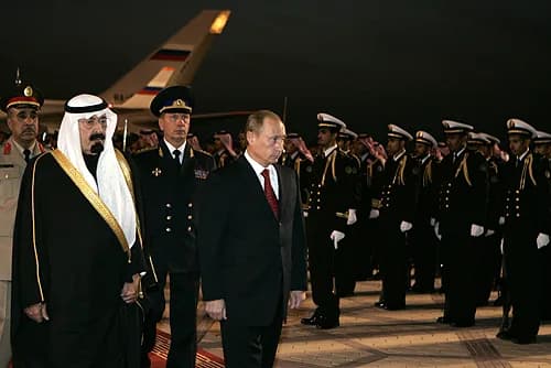 Abdullah of Saudi Arabia - KING KHALID INTERNATIONAL AIRPORT, RIYADH. At an official welcome ceremony with King Abdullah bin Abdul Aziz Al Saud.