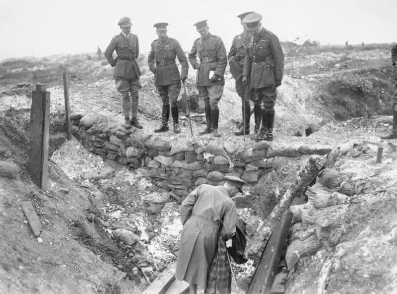 George V - IWM caption : THE BATTLE OF THE SOMME, 1916. King George V and the Prince of Wales inspect captured German trenches near Fricourt with General Sir Henry Rawlinson, Lieutenant Harding of the