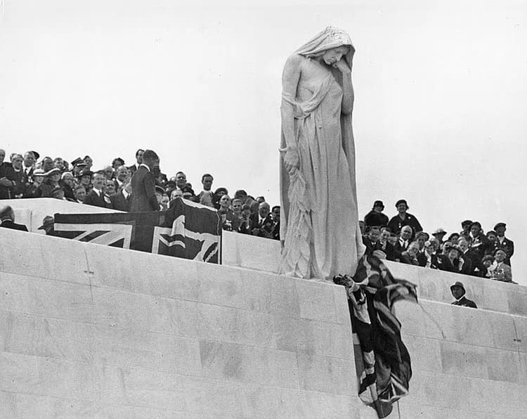Edward VIII - Unveiling of Canada's National Memorial at Vimy Ridge - His Majesty draws the cord that unveils the figure of Canada.