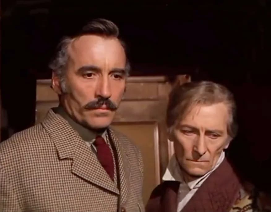 Christopher Lee - A screenshot from the film Horror Express (1972); Christopher Lee as Prof. Sir Alexander Saxton and Peter Cushing as Dr. Wells