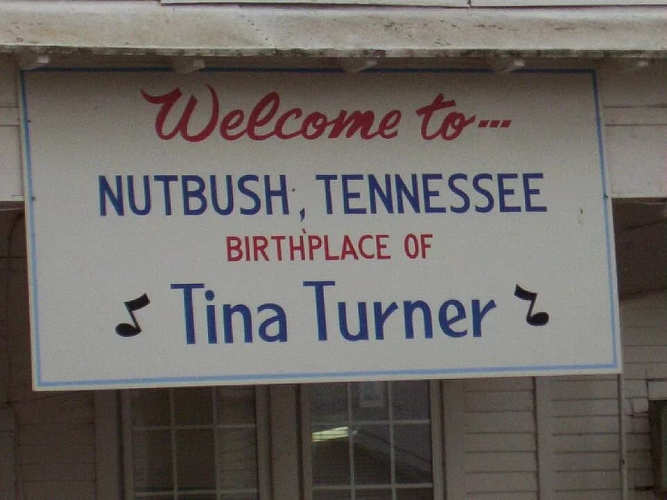 Tina Turner - Image of a sign at the grocery store in Nutbush, TN.
The sign reads:
Welcome to...
Nutbush, Tennessee
Birthplace of
Tina Turner
(Please do not remove the full text of the sign, thi