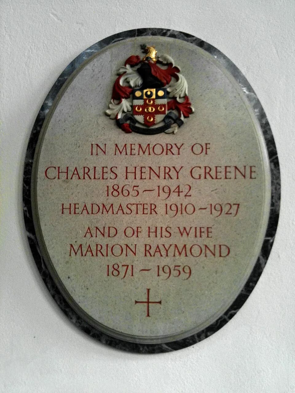 Graham Greene - Memorial on the wall of Berkhamsted School Chapel to Charles Henry Greene, headmaster of Berkhamsted School, and his wife Marion Raymond, who were the parents of writer Graham Greene a