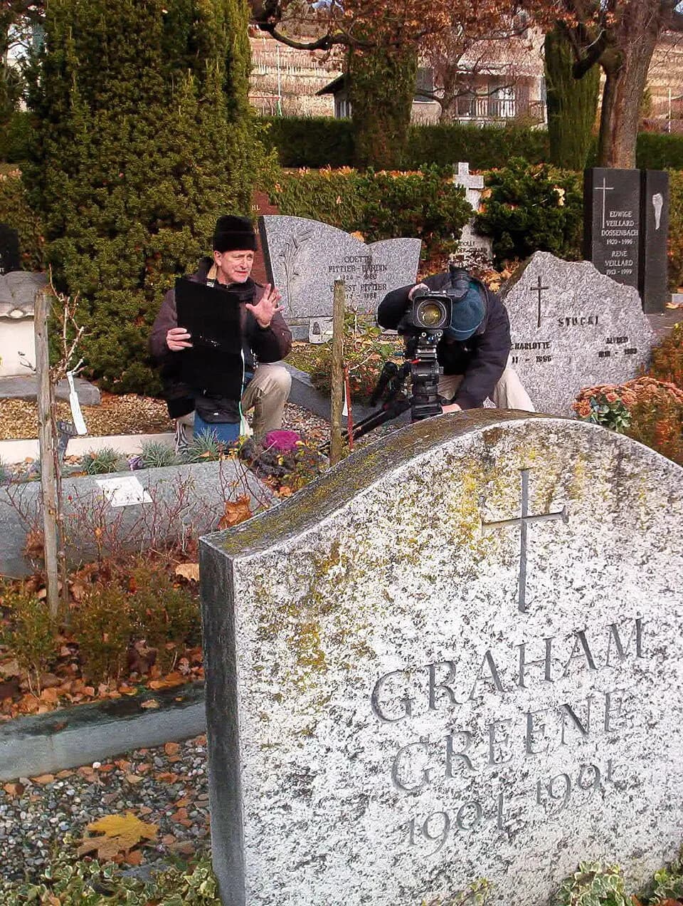 Graham Greene - Director Thomas P. O'Connor and Videographer Allen Moore filming a scene for the PBS documentary Dangerous Edge: A Life of Graham Greene.